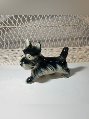 Scottie Dog Terrier Ceramic Blue Black & White Figurine Vintage Scottish 4" Tall